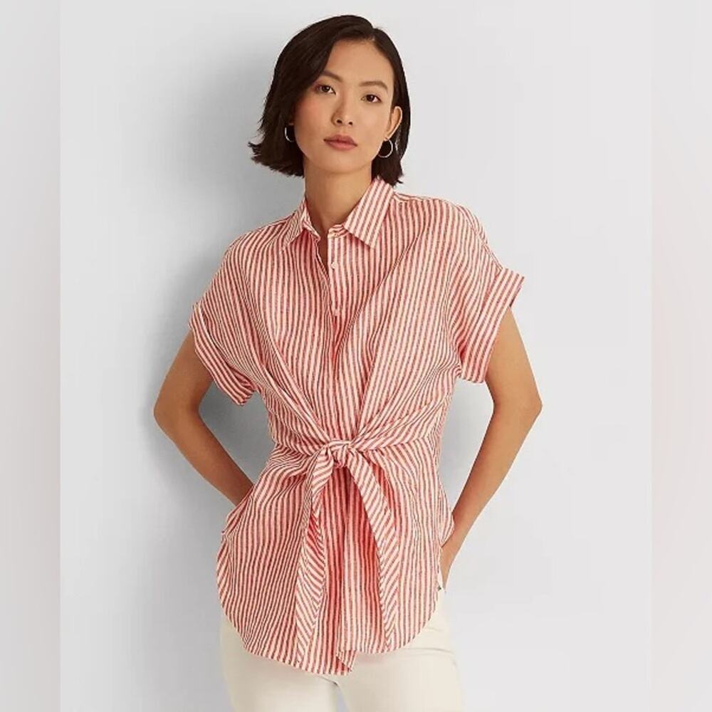 Lauren Ralph Lauren Womens Blouse Striped Tie-Front Linen roll sleeve preppy